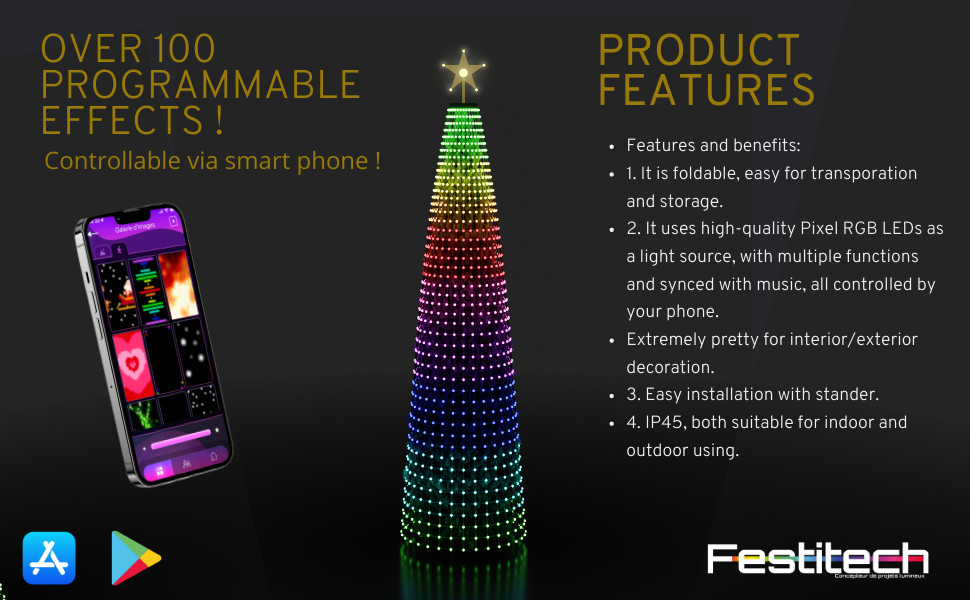 RGB Pixel LED Decoration Light - Foldable, Remote-Controlled via Phone, IP44, Indoor/Outdoor Use